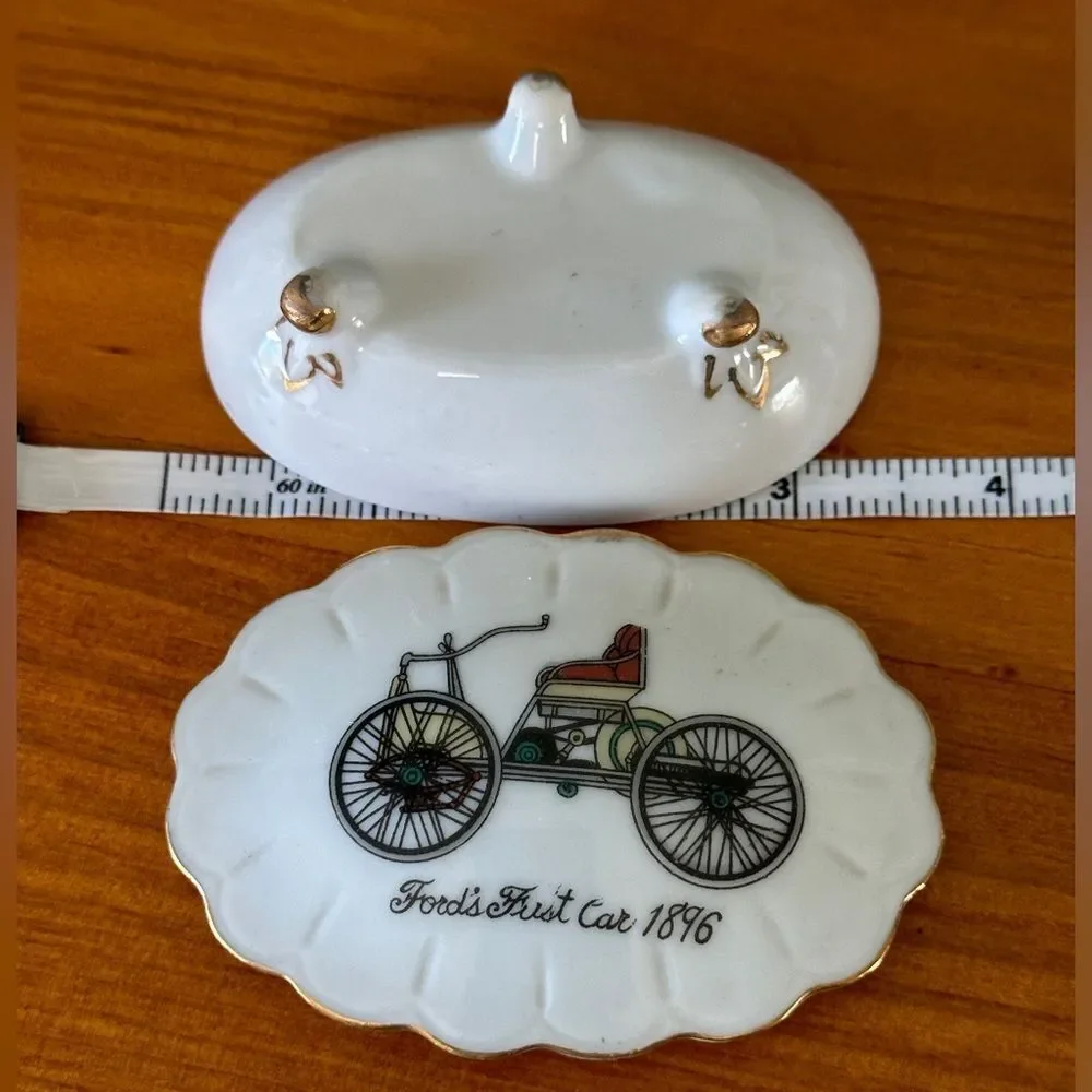 Ford's First Car 1896 Vintage Porcelain Trinket Box with lid Gold trim 70’s